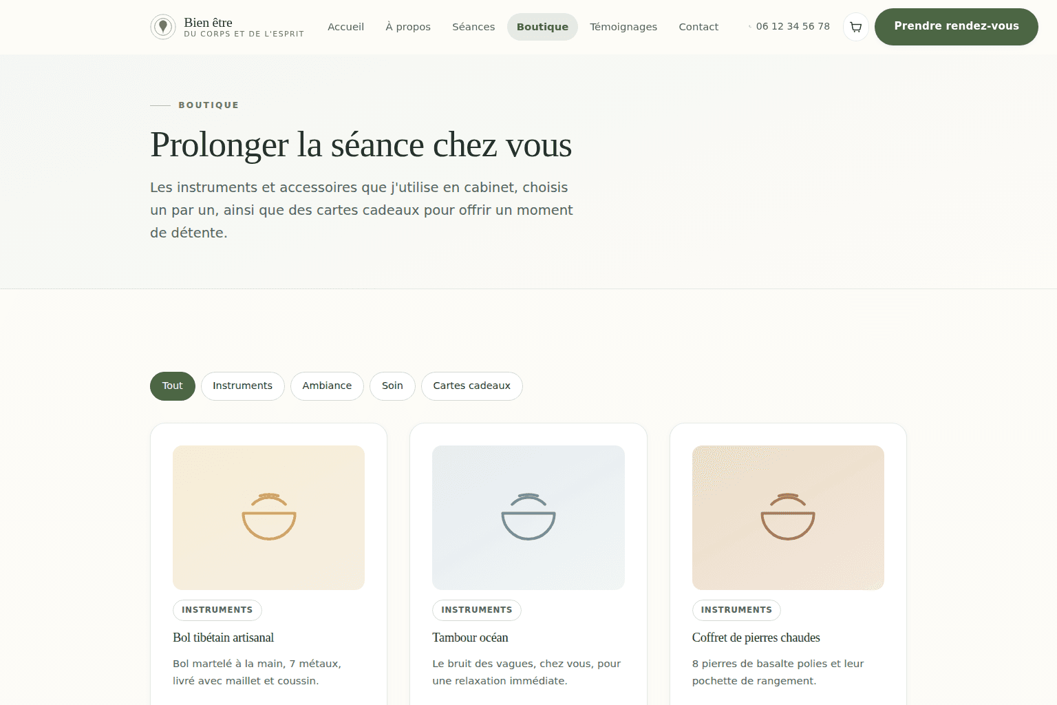 Page boutique d’un site avec catégories et fiches produits