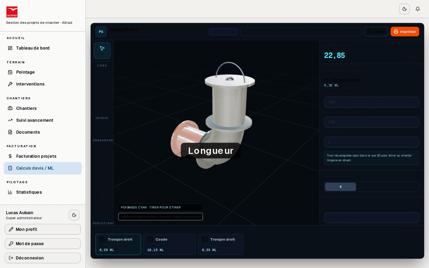 Piping Studio — modélisation 3D et calcul de métrage linéaire