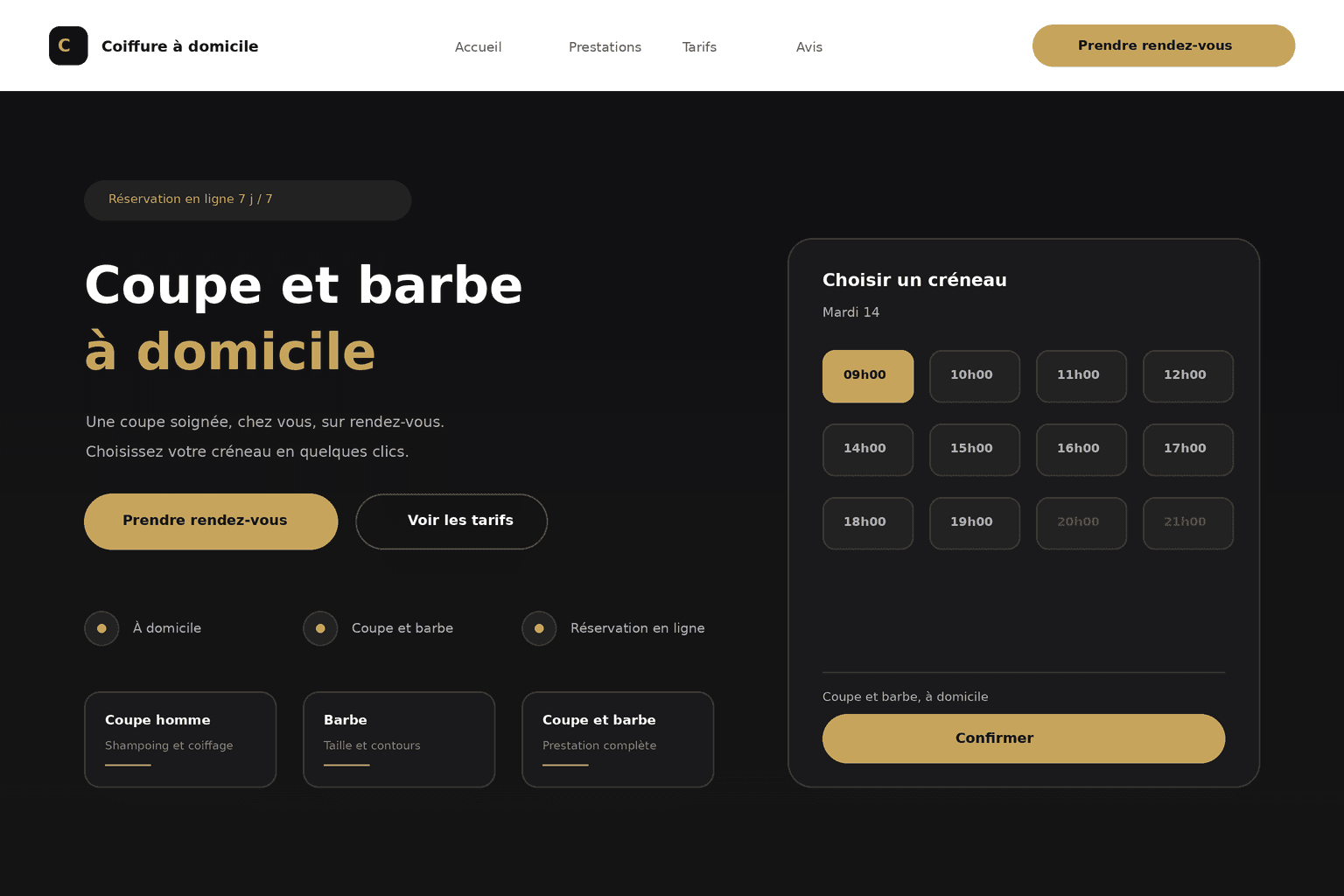 Page d’accueil d’un site de coiffure avec prise de rendez-vous en ligne